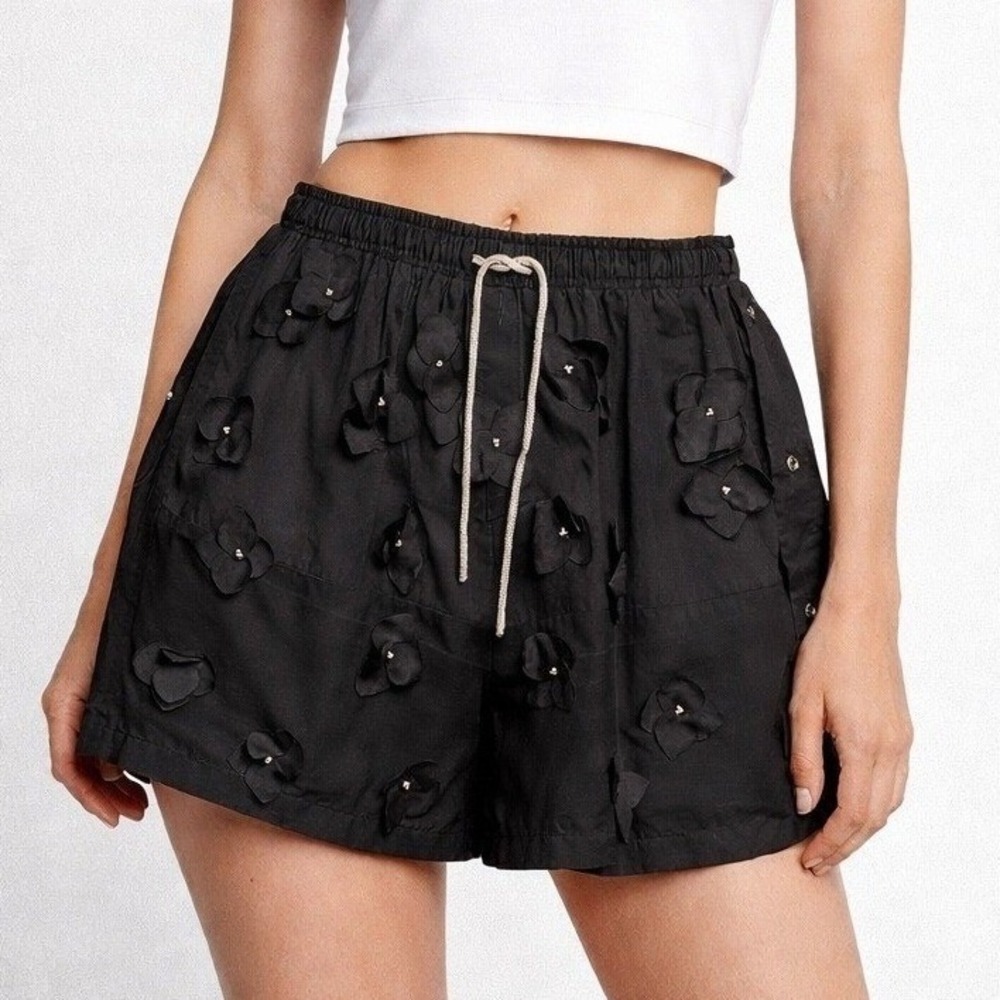 Omelia Floral Applique Shorts Womens Small Black Upcycled Rhinestone Drawstring